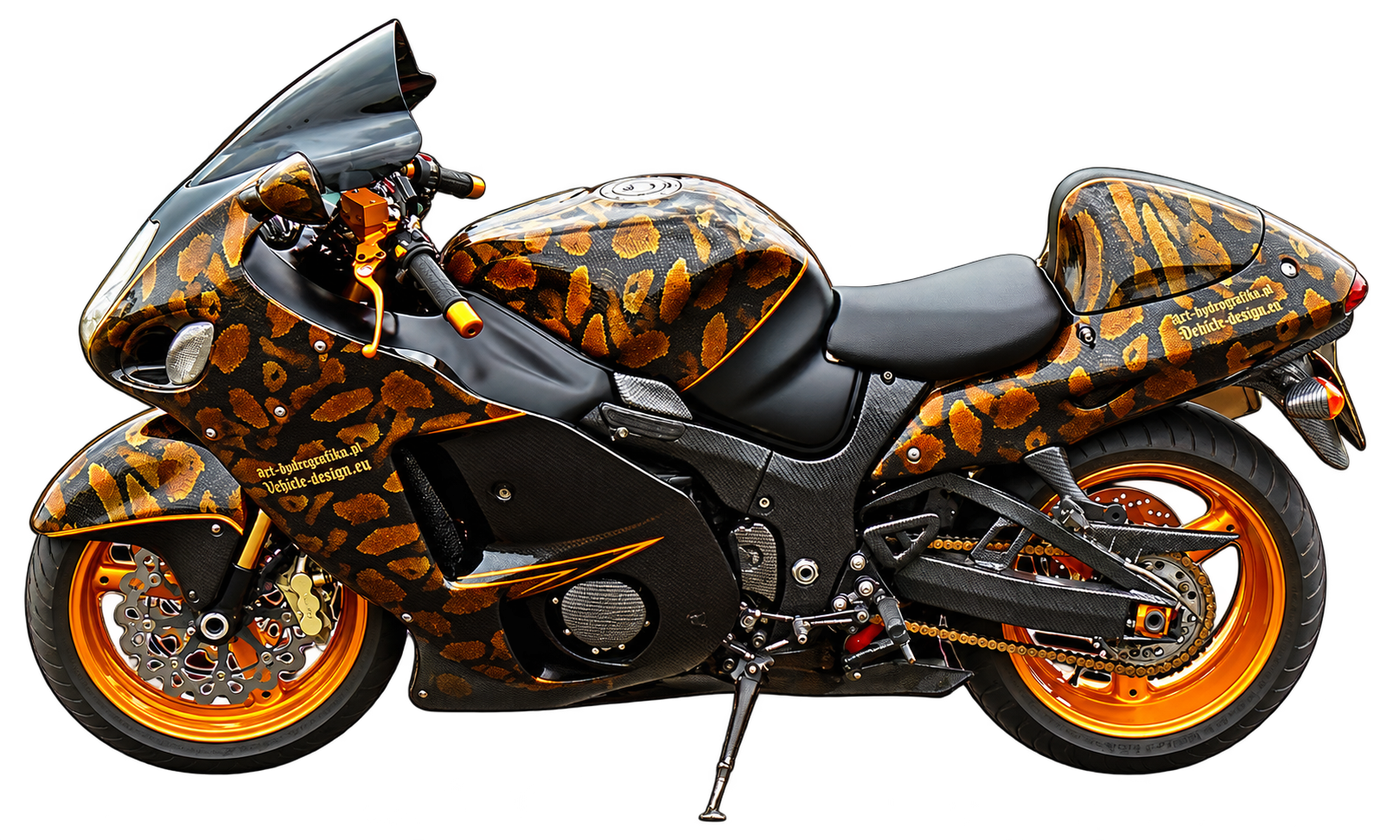 Motorcycle decorated with a gold-pattern hydrographic finish